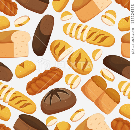 Seamless Pattern With Different Bread Bakery Products. Bake House Assortment Wallpaper Or Wrapping Paper Design Seamless Pattern With Different Bread Bakery Products. Bake House Assortment Wallpaper Or Wrapping Paper Design 135124528