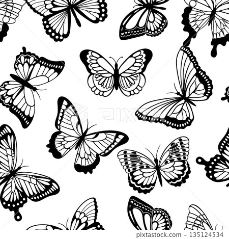 Seamless Pattern Featuring Graceful Black Butterfly Silhouettes On A White Background. Monochrome Tile Ornament 135124534