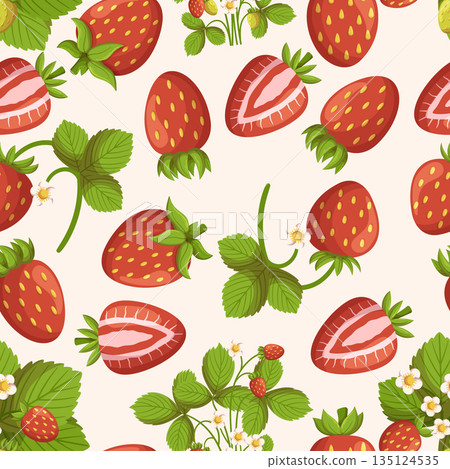 Seamless Pattern With Strawberries. Beautiful Repeating Design Featuring Ripe And Juicy Strawberries Perfect For Fabric 135124535