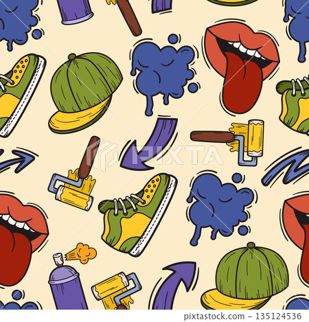 Seamless Background With Street Culture Elements. Graffiti, Teenage Sneakers, Caps, Roller With Paint, Mouth With Tongue 135124536