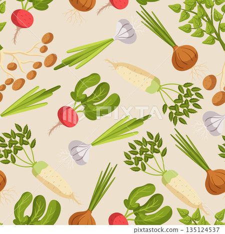 Vibrant And Lively Vegetable Seamless Pattern, Showcasing A Variety Of Fresh And Colorful Vegetables as Onion, Potato 135124537
