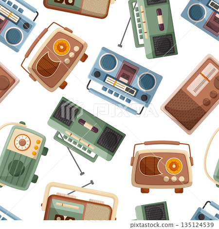 Vintage Music Recorders Create A Nostalgic Seamless Pattern, Capturing The Essence Of Retro Music, Vector Illustration 135124539