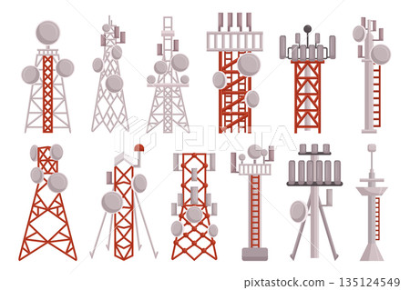 Radio Towers Set. Tall Metal Structures Transmitting Radio Signals. Supports Antennas For Broadcasting And Communication 135124549