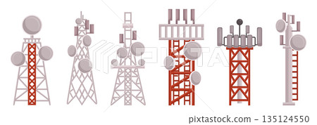 Radio Towers Enable Broadcasting Of Information And Entertainment To Wide Areas. Tall Structures Supporting Antennas Radio Towers Enable Broadcasting Of Information And Entertainment To Wide Areas. Tall Structures Supporting Antennas 135124550