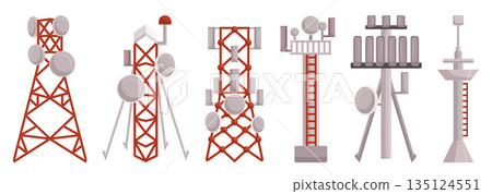 Radio Towers, Tall Structures For Transmitting Signals. Equipped With Antennas To Broadcast And Receive Radio Waves 135124551