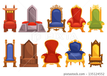 Regal And Ornate Set Of Royal Thrones Exudes Majesty And Grandeur. Fit For Royalty, These Thrones Cartoon Vector Icons 135124552