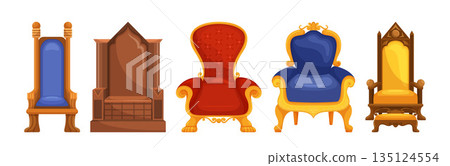 Set Of Royal Thrones, Majestic And Regal, Adorned With Intricate Carvings And Luxurious Upholstery, Vector Illustration Set Of Royal Thrones, Majestic And Regal, Adorned With Intricate Carvings And Luxurious Upholstery, Vector Illustration 135124554