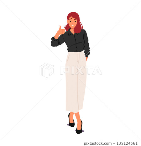 Confident Businesswoman Character Proudly Giving A Thumbs-up, Signaling Success, Excellence, Approval, Vector Confident Businesswoman Character Proudly Giving A Thumbs-up, Signaling Success, Excellence, Approval, Vector 135124561