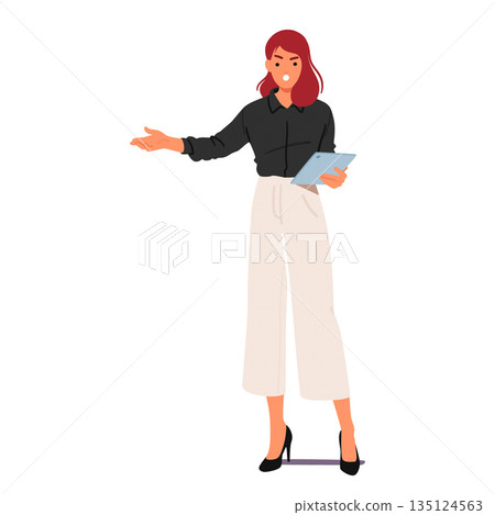 Frustrated Businesswoman Furiously Gesturing with Tablet in Hand, Brows Furrowed, Eyes Ablaze With Determination 135124563