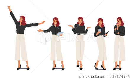 Business Woman Standing in Different Poses. Female Character in Formal Wear Raises Arms, Angry Boss with Laptop Business Woman Standing in Different Poses. Female Character in Formal Wear Raises Arms, Angry Boss with Laptop 135124565