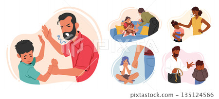 Set Of Scenes With Parents Scold And Abuse Their Children. Domestic Violence Cause Emotional And Psychological Harm 135124566