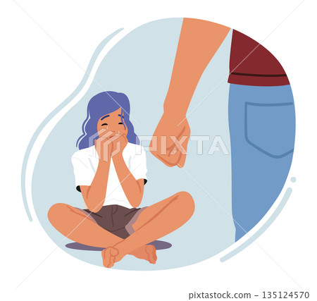 Father's Fist Raised Over Crying Daughter Sitting on Floor, Representing Physical Or Emotional Abuse, Fear Father's Fist Raised Over Crying Daughter Sitting on Floor, Representing Physical Or Emotional Abuse, Fear 135124570
