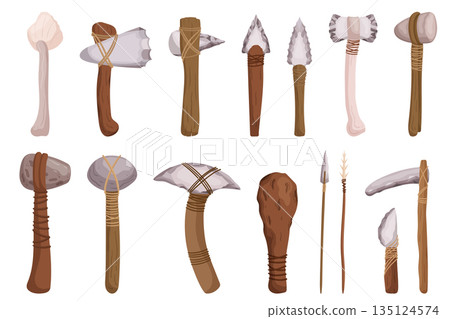 Stone Age Tools For Hunting, Cooking, And Crafting. Axe, Spear, Flint Knife, Grinding Stone, Hand Axe, Bone Awl, Scraper 135124574