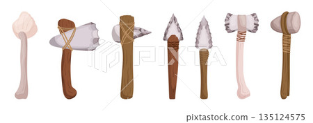 Set Of Essential Stone Age Hunting Tools For Early Humans To Hunt Animals For Survival. Spear And Arrow, Stone Hammer 135124575