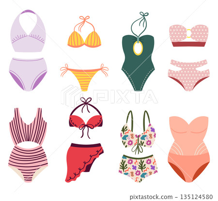 Stylish Woman Swimsuits Come In Various Designs And Sizes To Suit Different Preferences. From One-pieces To Bikinis 135124580