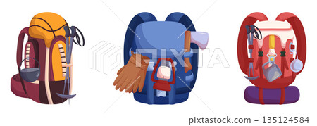 Travel Backpacks with Tourist Stuff. Functional, Durable And Spacious Rucksacks Designed To Keep Belongings 135124584