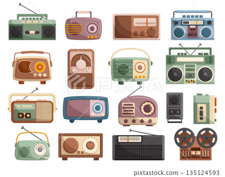Vintage Music Recorders Set. Nostalgic Audio Devices That Capture And Play Back Analog Music, Vector Illustration 135124593