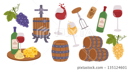 Wine Enthusiast Delights, Luxurious Set Featuring Fine Wines, Barrels, Elegant Glasses, And Gourmet Pairings, Grapes 135124601