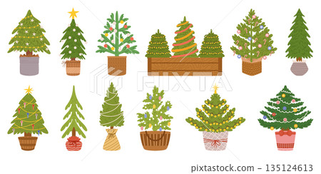 Charming Christmas Trees In Pots Bring Festive Cheer To Any Space. Compact And Convenient, Vector Illustration Charming Christmas Trees In Pots Bring Festive Cheer To Any Space. Compact And Convenient, Vector Illustration 135124613