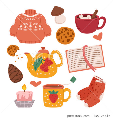 Cozy Autumn Set. Cartoon Book, Sweater, Burning Candle, Cookie, Tea Cup And Pot, Knit Socks And Pine Cone Cozy Autumn Set. Cartoon Book, Sweater, Burning Candle, Cookie, Tea Cup And Pot, Knit Socks And Pine Cone 135124616