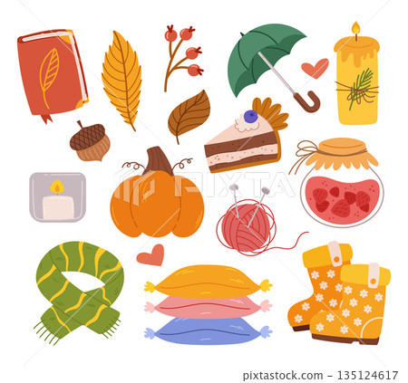 Cozy Autumn Set. Cartoon Book, Leaves, Umbrella And Burning Candle, Pumpkin Cake. Scarf, Pillows, And Acorn 135124617