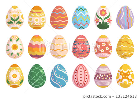 Set of Colorful Easter Eggs With Intricate Designs And Patterns. Joyous And Festive Icons in Spirit Of Easter Set of Colorful Easter Eggs With Intricate Designs And Patterns. Joyous And Festive Icons in Spirit Of Easter 135124618