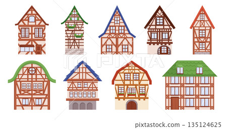 Half-timbered Houses Set. Charming Architectural Structures With Exposed Wooden Frames Filled With Brick Or Plaster Half-timbered Houses Set. Charming Architectural Structures With Exposed Wooden Frames Filled With Brick Or Plaster 135124625