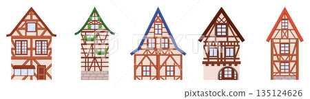 Half-timbered Houses Feature Exposed Wooden Frames Filled With Plaster Or Brick. Traditional Architectural Style Half-timbered Houses Feature Exposed Wooden Frames Filled With Plaster Or Brick. Traditional Architectural Style 135124626