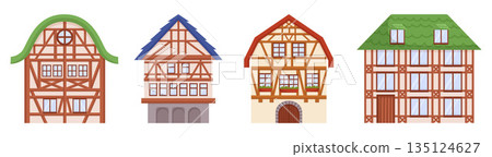 Isolated Set of the Half-timbered Houses Feature Exposed Wooden Beams On The Exterior, Cartoon Vector Illustration Isolated Set of the Half-timbered Houses Feature Exposed Wooden Beams On The Exterior, Cartoon Vector Illustration 135124627