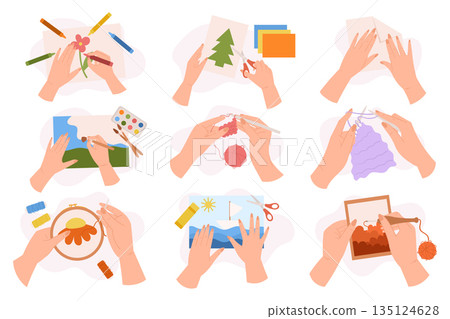 Set Of Hands Creative Classes. Painting, Cutting Colored Paper, Folding Paper Sheet For Origami, Knitting, Embroider 135124628