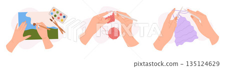 Set Of Hands Painting And Knitting Top View, Female Character Arms Gaining Creative Classes, Diy Hobby, Craft 135124629