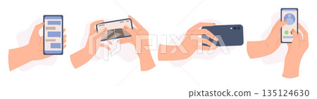 Set Hands Holding Mobile Phones. People Handling With Cellphones. Fingers Touching, Tapping, Scrolling Smartphone Screen 135124630