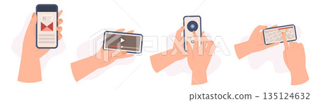 Set Of Hands Holding Mobile Phones Isolated On White Background. Human Palms With Smartphone Push Button Set Of Hands Holding Mobile Phones Isolated On White Background. Human Palms With Smartphone Push Button 135124632