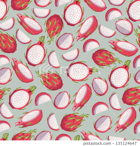 Seamless Dragon Fruit Pattern. Repeated Design Of Ripe, Juicy Pitahaya Fruit On Colored Background. Motif For Fabric Seamless Dragon Fruit Pattern. Repeated Design Of Ripe, Juicy Pitahaya Fruit On Colored Background. Motif For Fabric 135124647