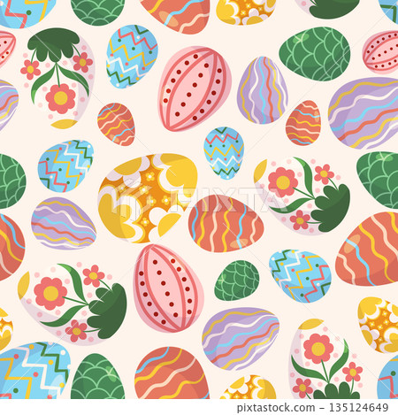 Seamless Pattern Filled With Vibrant Easter Eggs In Various Colors And Patterns. Design For Festive Decorations 135124649