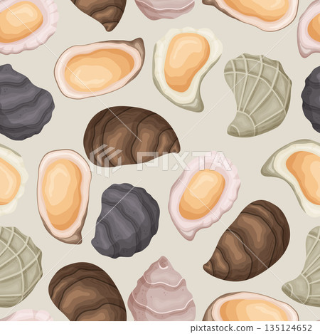 Seamless Pattern with Oyster Shells Gracefully Repeated In A Tile Design, Creating A Sophisticated And Elegant Ornament Seamless Pattern with Oyster Shells Gracefully Repeated In A Tile Design, Creating A Sophisticated And Elegant Ornament 135124652