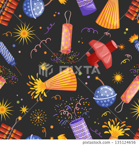 Vibrant Seamless Pattern Featuring Intricate Pyrotechnic Design, Radiating Bursts Of Color And Light Vector Illustration Vibrant Seamless Pattern Featuring Intricate Pyrotechnic Design, Radiating Bursts Of Color And Light Vector Illustration 135124656
