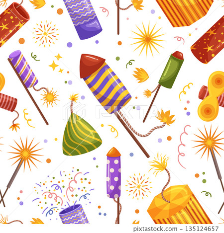 Seamless Pattern Featuring Intricate Pyrotechnic Design. Explosive Bursts Of Color And Light Create A Dynamic Visual 135124657
