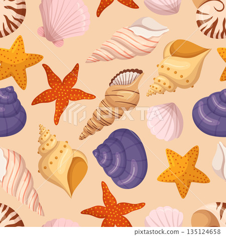 Seamless Pattern With Seashells And Starfishes, Bright Beachy And Aquatic Design. Perfect For Summer And Coastal Project 135124658