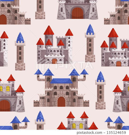 Enchanting Seamless Pattern Showcasing A Variety Of Majestic Castles, Transporting You To A World Of Fairy Tales 135124659