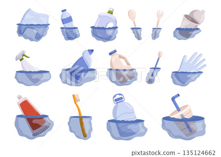 Set of Floating Trash Pollutes The Water, Posing A Threat To Marine Life And Ecosystems. Plastic Bags, Bottles, Package 135124662