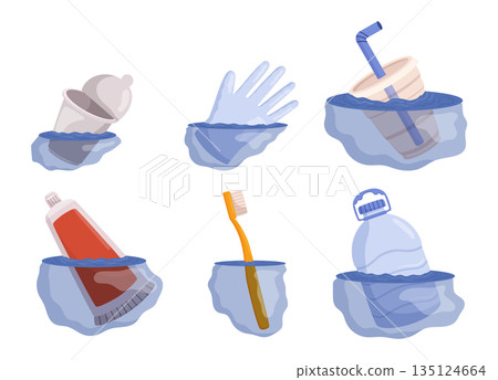 Floating Debris In Water. Disposable Package, Rubber Glove, Toothpaste Tube And Brush, Plastic Bottle Trash, Vector 135124664