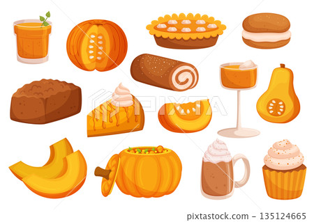 Delicious Pumpkin Dishes From Creamy Pumpkin Soup To Sweet Pie, Juice, Cocktail and Pastry, Seasonal Treats Set 135124665