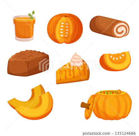 Pumpkin Dishes Include Pie, Soup, And Roasted Slices. Sweet Roll, Fresh Juice and Bakery Treats, Vector Illustration Pumpkin Dishes Include Pie, Soup, And Roasted Slices. Sweet Roll, Fresh Juice and Bakery Treats, Vector Illustration 135124666