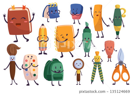 Set of School Items Cute Characters Textbook, Notepad, Eraser and Ruler. Pen, Pencil, Paintbrush and Paints, Rucksack 135124669