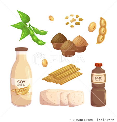 Soy Products Set, Consisting Of Tofu, Soy Milk, Soy Sauce, Tempeh, And Edamame, Isolated Icons Vegan Lifestyles 135124676