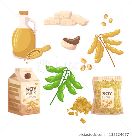 Set of Soy Products such as Tofu, Soy Milk and Flakes, Edamame Beans, Soy Sauce, Oil And Tempeh. Vegetarian, Vegan Diet 135124677