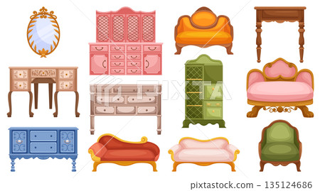 Elegant Vintage Furniture Set, Featuring Intricate Woodwork And Timeless Design. Bureau, Dresser, Sofa, Armchairs 135124686