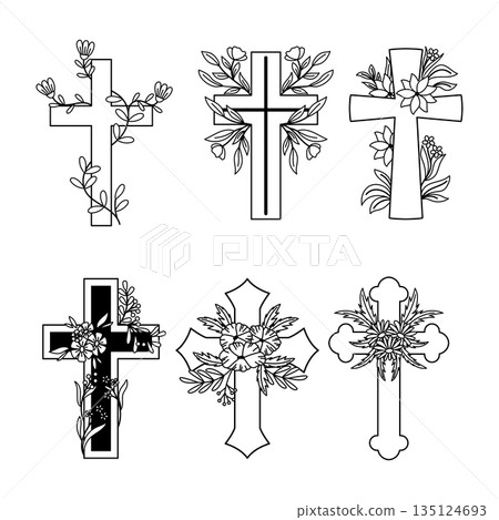 An Exquisite Collection Of Monochrome Christian Crosses Adorned With Intricate Floral Designs, Vector Illustration 135124693