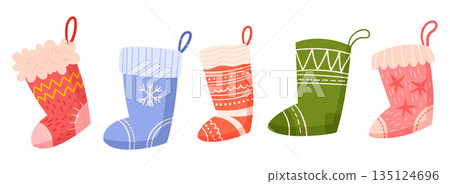 Festive Christmas Stockings, Perfect For Stuffing With Holiday Surprises. Colorful Socks with Loops Add A Touch Of Magic 135124696